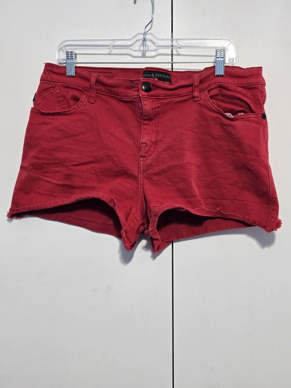 Rock & Republic Red Denim Shorts‎ Size 16 Cutoff Distressed Stretch Mid Rise